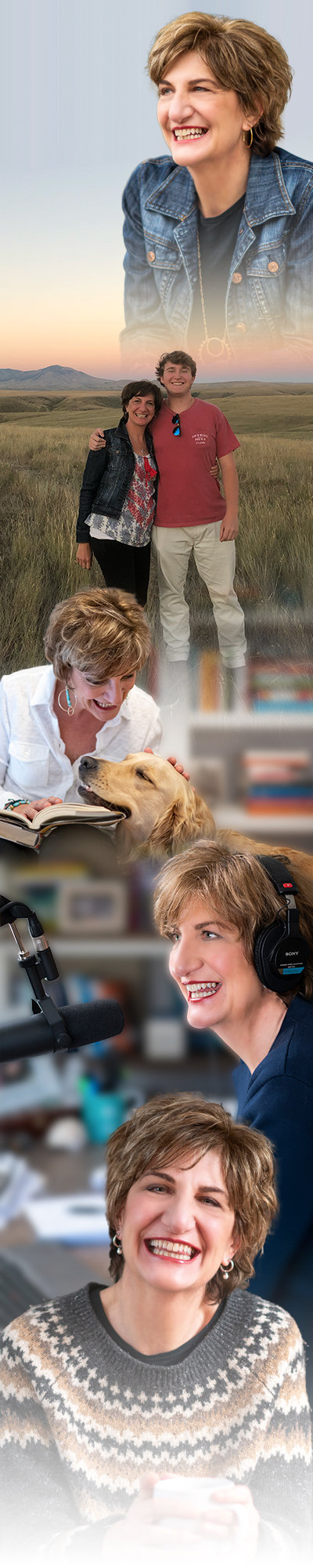 Collage of Karen J. Hardwick with her dog, son, and speaking into a microphone